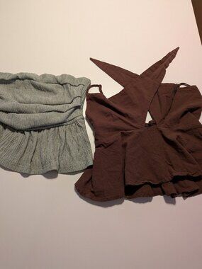 Shein Womens M Crop Top Bundle Green Strapless Smocked Brown Halter Ruffle